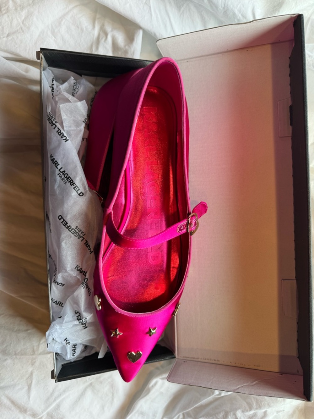 Karl Lagerfeld Veyda Hot Pink Satin Pointed Mary Jane Flats with Gold Studs - Picture 11 of 11